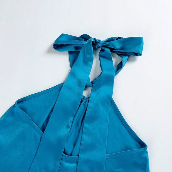 Blue Casual Women's Criss Cross Sleeveless Self-Tie Halter Backless Maxi Dress - Picture 6 of 6